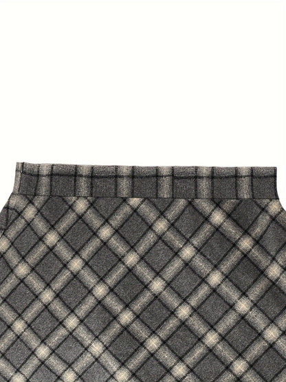vlovelaw  Plus Size Elegant Skirt, Women's Plus Plaid Print Elastic Woolen A-line All-match Skirt