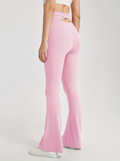 vlovelaw  Hollow Cross Waist Flare Leggins, Solid Color Workout Bootleg Flare Pants, Women's Activewear