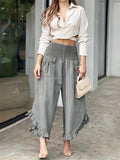 vlovelaw  Shirred Waist Ruffle Trim Pants, Casual Solid Pockets Comfy Pants For Spring & Fall, Women's Clothing