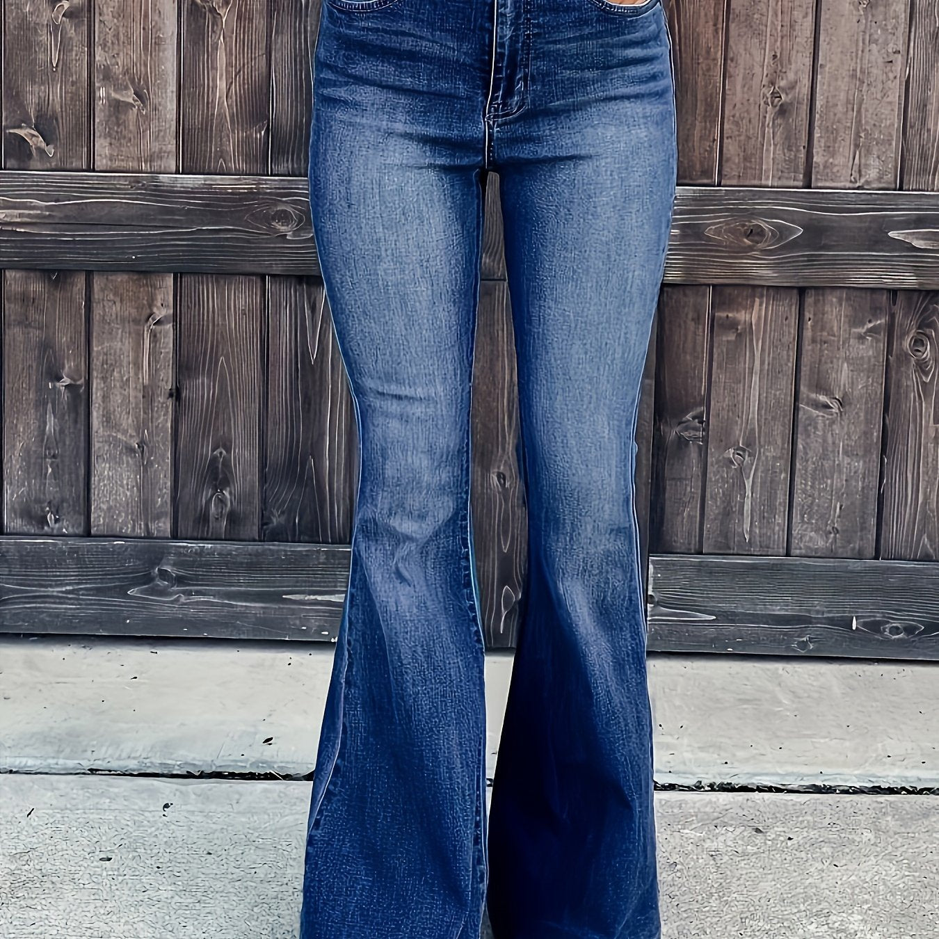 vlovelaw  Plus Size Street Style Jeans, Women's Plus Solid Washed Button Fly High Rise High Stretch Flared Leg Jeans