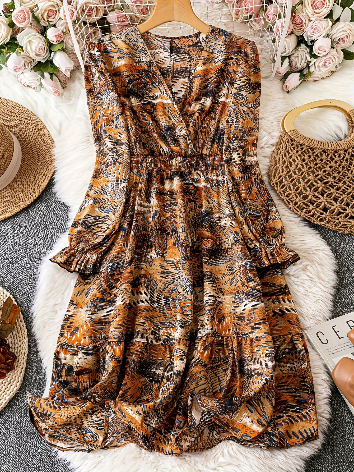 vlovelaw Floral Print Ruffle Hem Dress, Elegant Waist Shirred Long Sleeve Dress For Every Day, Women's Clothing