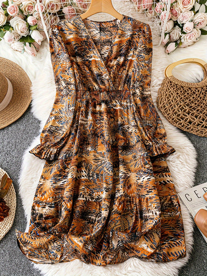 vlovelaw Floral Print Ruffle Hem Dress, Elegant Waist Shirred Long Sleeve Dress For Every Day, Women's Clothing