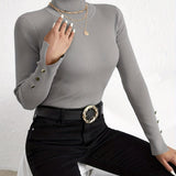 vlovelaw  Solid Turtle Neck Slim Pullover Sweater, Casual Long Sleeve Fake Button Sweater For Fall & Winter, Women's Clothing