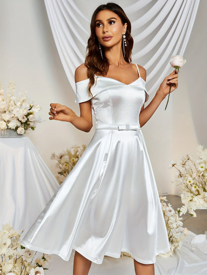 vlovelaw  Cold Shoulder V Neck Dress, Elegant Strap Flare Dress For Party & Banquet, Women's Clothing