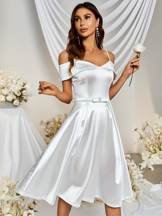 vlovelaw  Cold Shoulder V Neck Dress, Elegant Strap Flare Dress For Party & Banquet, Women's Clothing