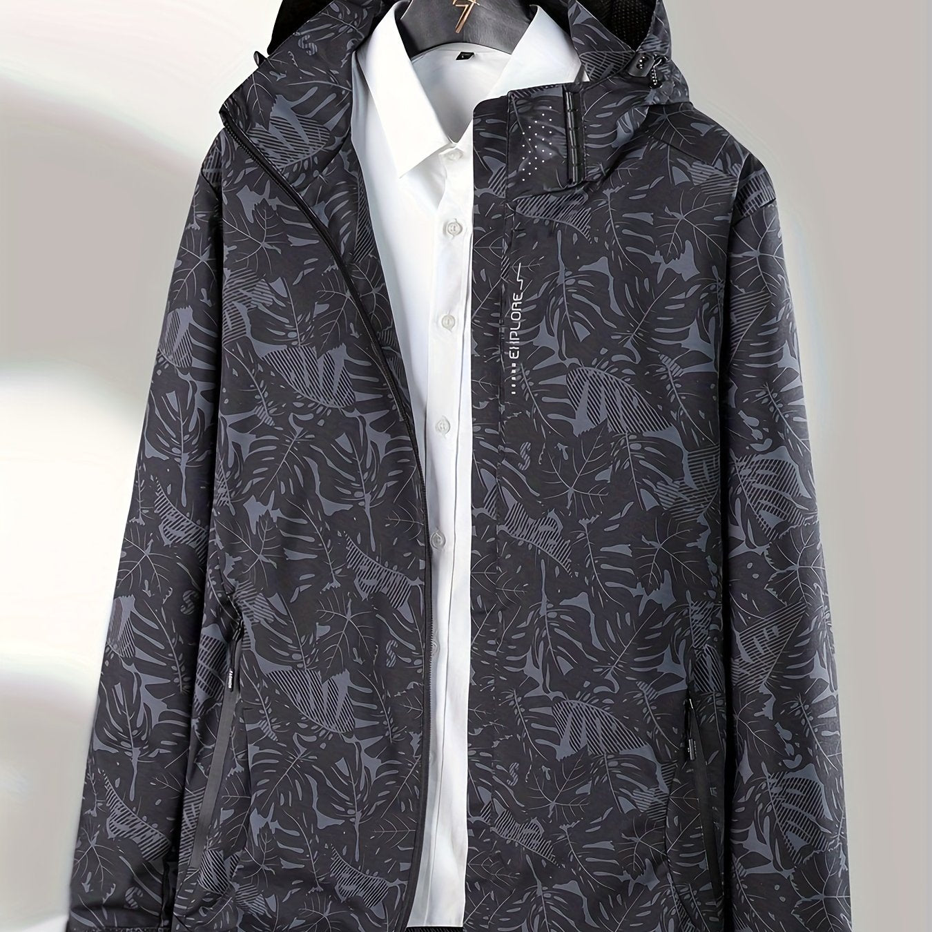 vlovelaw  Leaf Print Outdoor Jacket With Removable Hood, Women's Windproof & Rainproof Jacket, Women's Outdoor Clothing