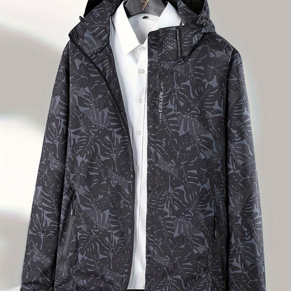 vlovelaw  Leaf Print Outdoor Jacket With Removable Hood, Women's Windproof & Rainproof Jacket, Women's Outdoor Clothing