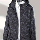 vlovelaw  Leaf Print Outdoor Jacket With Removable Hood, Women's Windproof & Rainproof Jacket, Women's Outdoor Clothing