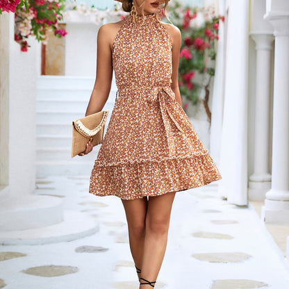vlovelaw  Floral Print Belted Halter Neck Dress, Sleeveless Casual Dress For Summer & Spring, Women's Clothing