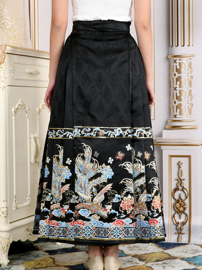 vlovelaw Floral Print Improved Hanfu, Elegant Pleated Midi Lace Up Horse Face Skirt For Festival, Women's Clothing