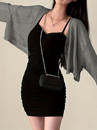 vlovelaw  Ruched Bodycon Solid Dress, Party Wear Spaghetti Strap Dress, Women's Clothing