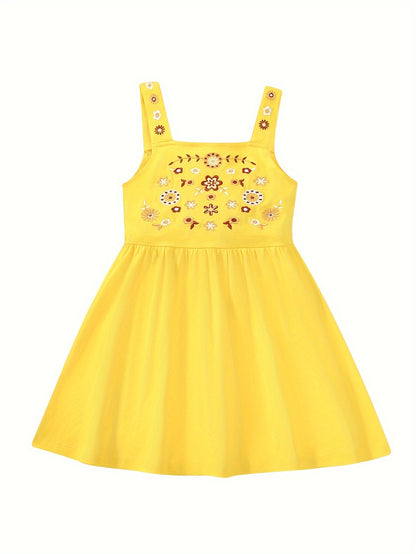 Adorable Girls Floral Embroidered Sundress - Soft Cotton for Summer Holidays, Perfect for Casual Outings and Vacation Fun