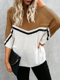 vlovelaw  Striped Color Block Sweater, Casual Boat Neck Half Sleeve Loose Knit Sweater For Spring & Fall, Women's Clothing