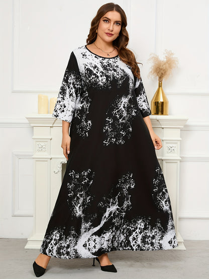 vlovelaw  Plus Size Abstract Ink Pattern Kaftan Dress, Elegant Crew Neck 3/4 Sleeve Dress, Women's Plus Size Clothing