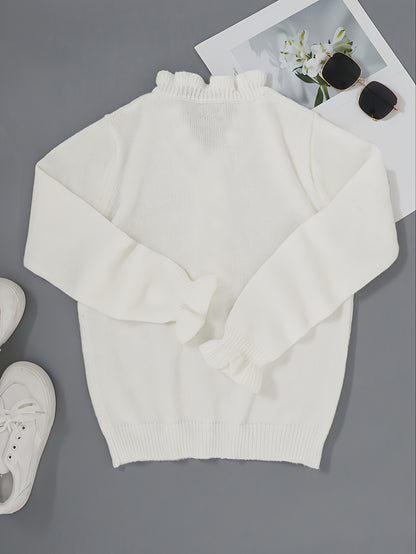 vlovelaw  Solid Button V Neck Pullover Sweater, Casual Lettuce Trim Long Sleeve Sweater, Women's Clothing