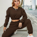 Solid Workout Two-piece Set, Cropped Long Sleeve Sweatshirt & Elastic Waist Jogger Pants Outfits, Women's Clothing