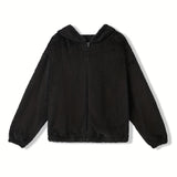 Solid Teddy Hooded Jacket, Casual Zip Up Long Sleeve Outerwear, Women's Clothing