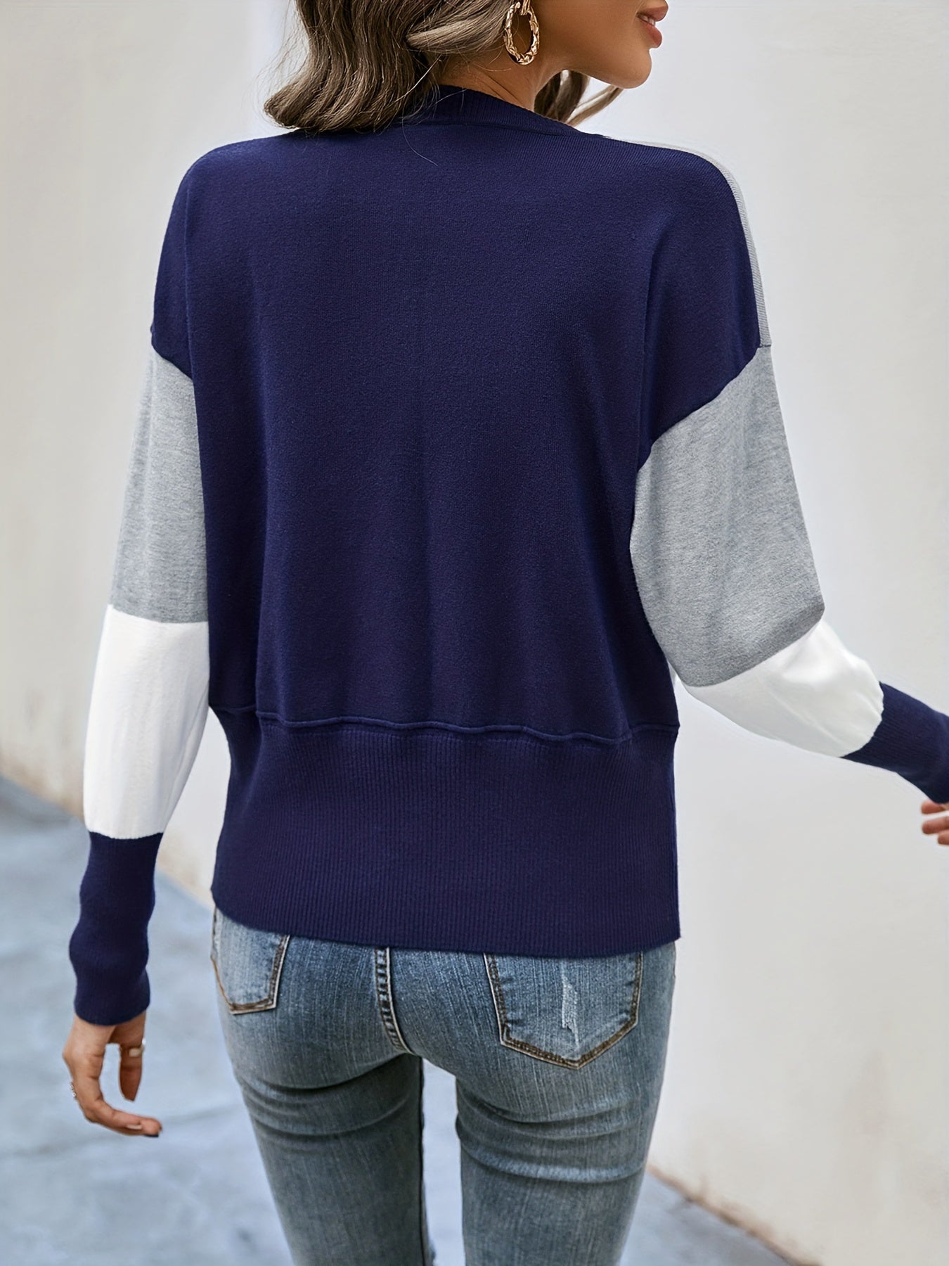 vlovelaw Color Block Knit Pullover Sweater, Casual Long Sleeve Crew Neck Sweater, Women's Clothing