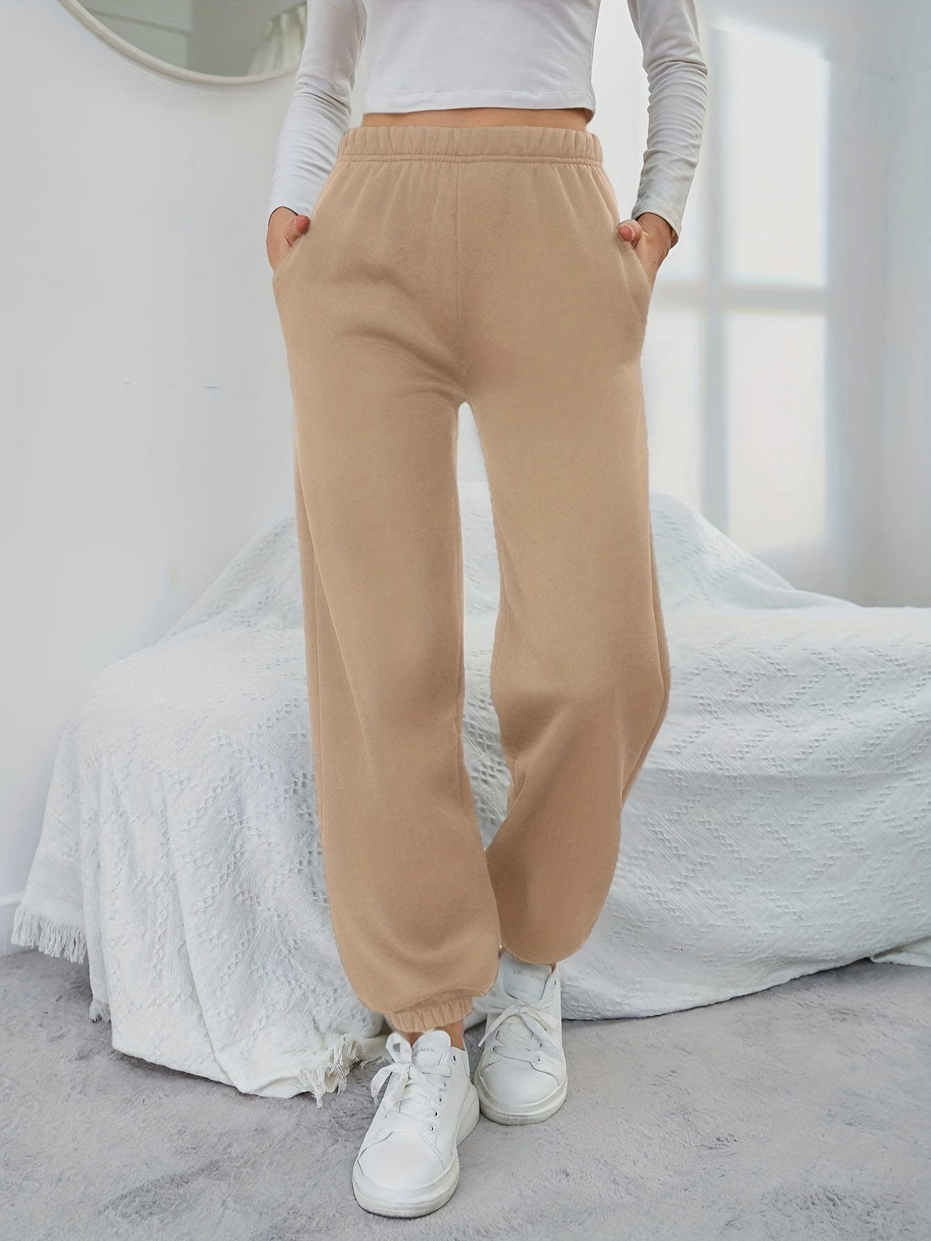 vlovelaw  Solid Versatile Pants, Casual Elastic Waist Jogger Pants, Women's Clothing