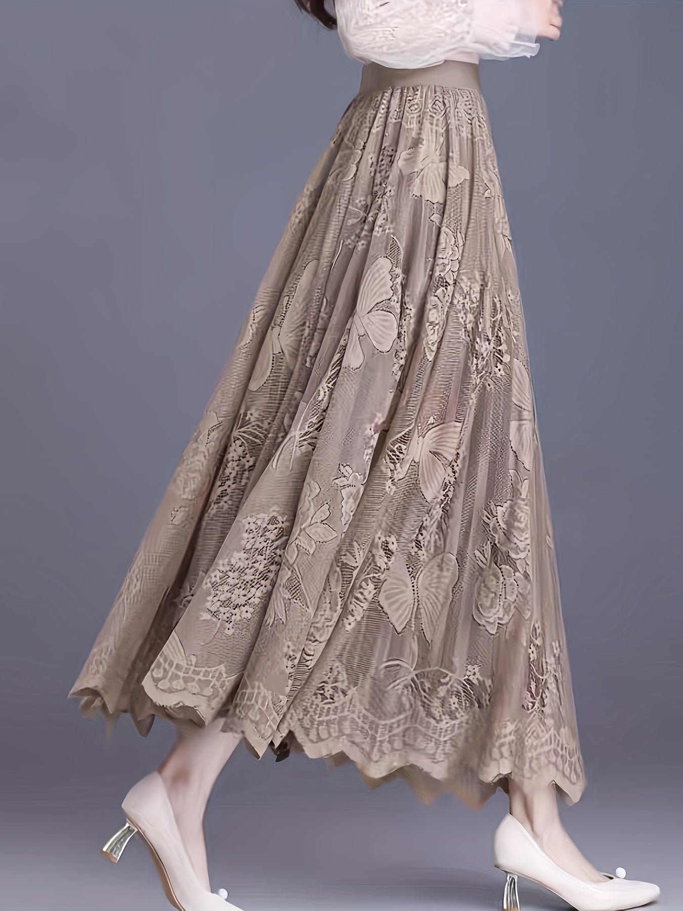 vlovelaw  Solid Floral Pattern Pleated Skirt, Elegant Elastic Waist Skirt For Spring & Fall, Women's Clothing