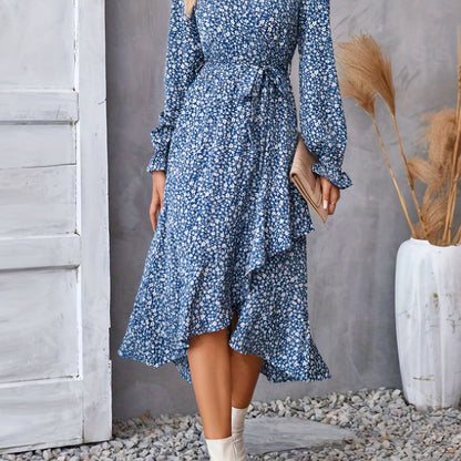 vlovelaw  Floral Print Tie Waist V-neck Dress, Elegant Long Sleeve Asymmetrical Hem Dress, Women's Clothing