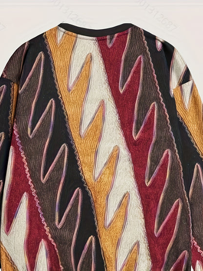 vlovelaw African Ethnic Style Men's Long Sleeve Crew Neck Sweatshirt, Men's Creative Color Block Pullover Top, Spring Fall