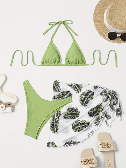Three-Piece Bikini Set - Flattering Halter Neck Design, Ultra Quick-Drying Technology, Comfortable Four-Way Stretch Fabric - Designed for Women, Vibrant Feather Print Pattern, Matching Cover Up Skirt, Perfect for Beachwear and Poolside Fashion