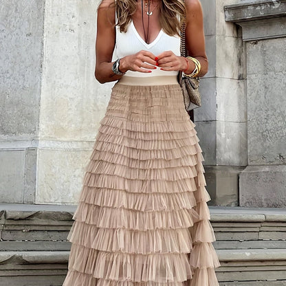 vlovelaw  Mesh Layered Hem Skirt, Boho High Waist Skirt, Women's Clothing