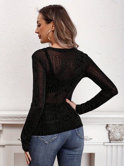 vlovelaw Shiny Pattern Crew Neck T-Shirt, Casual Long Sleeve Top For Spring & Fall, Women's Clothing