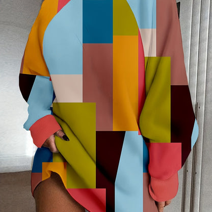 Patchwork Color Block Dress, Casual High Neck Long Sleeve Mini Dress, Women's Clothing