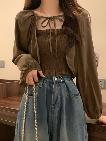 Solid Color Two-piece Set, Casual Ruffle Trim Shirred Cami Top & Open Front Lantern Sleeve Tied Cardigan Outfits, Women's Clothing