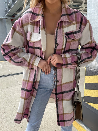 vlovelaw Plaid Print Long Length Jacket, Casual Button Front Flap Pockets Outwear, Women's Clothing