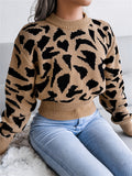 Leopard Print Crop Sweater, Casual Crew Neck Long Sleeve Sweater, Casual Tops For Fall & Winter, Women's Clothing