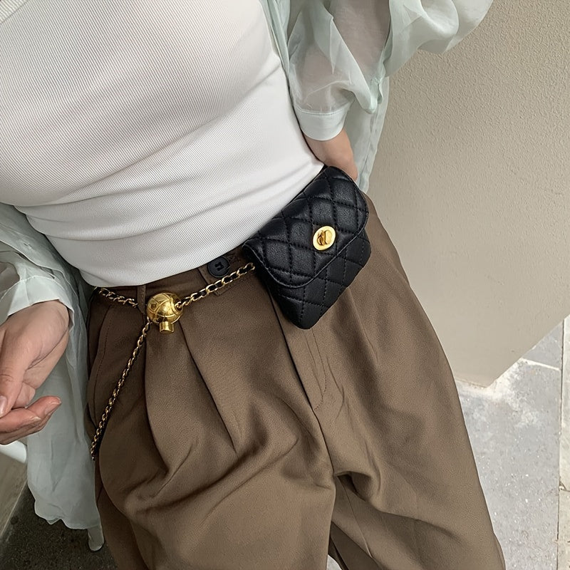 vlovelaw  Mini Chain Belt Bag For Women, Argyle Quilted Waist Purse, Fashion Faux Leather Fanny Pack
