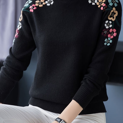 Floral Pattern Mock Neck Knit Sweater, Casual Long Sleeve Pullover Sweater, Women's Clothing