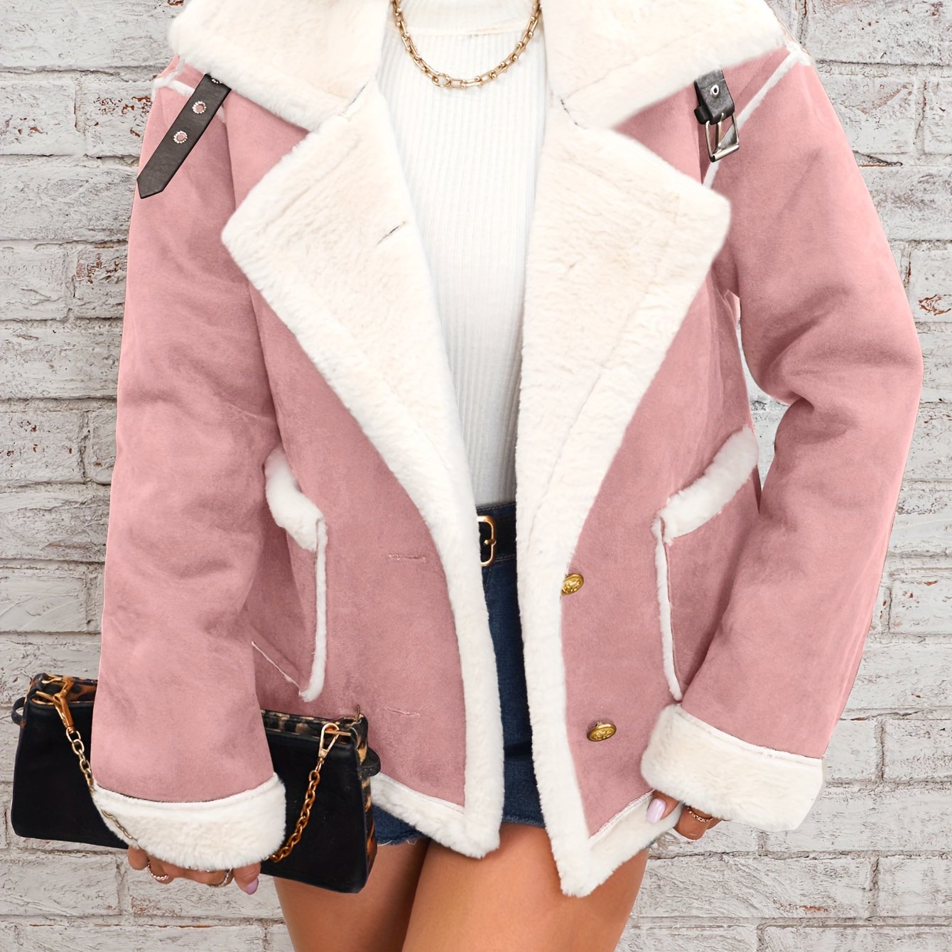 vlovelaw  Lapel Plush Jacket, Winter Warm Casual Outwear, Women's Clothing