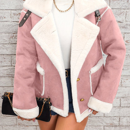 vlovelaw  Lapel Plush Jacket, Winter Warm Casual Outwear, Women's Clothing
