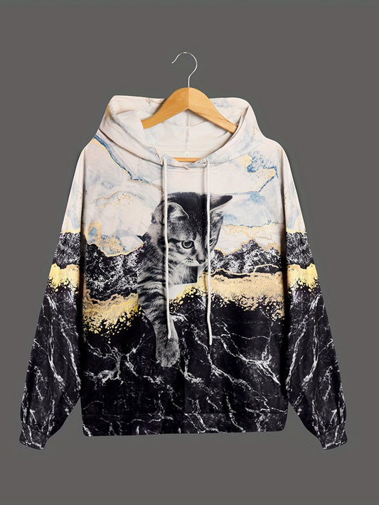Cat Print Casual Sports Hooded Sweatshirs, Long Sleeve Drawstring Hoodie, Women's Sporty Sweatshirts