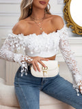 vlovelaw  Applique Off-shoulder Crop Top, Long Sleeve Slim Top For Spring & Summer, Women's Clothing