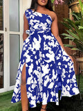 vlovelaw  Plus Size Elegant Dress, Women's Plus Geometric Print One Shoulder Split Hem Party Dress