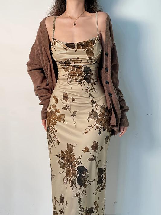 vlovelaw Floral Print Ruched Dress, Sexy Spaghetti Strap Bodycon Dress, Women's Clothing