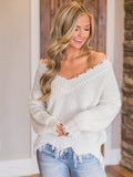 vlovelaw  Distressed Solid V Neck Pullover Sweater, Casual Raw Trim Long Sleeve Loose Sweater, Women's Clothing