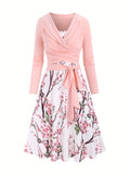 Casual Simple Two-piece Set, Solid Tucked Tops & Floral Print Spaghetti Strap Dress Outfits, Women's Clothing