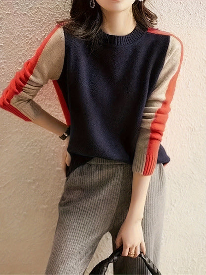 xieyinshe  Color Block Crew Neck Pullover Sweater, Casual Long Sleeve Basic Sweater, Women's Clothing
