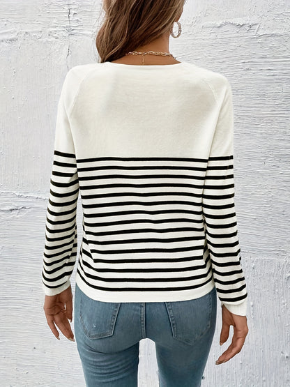 Striped V Neck Pullover Sweater, Casual Long Sleeve Sweater For Spring & Fall, Women's Clothing