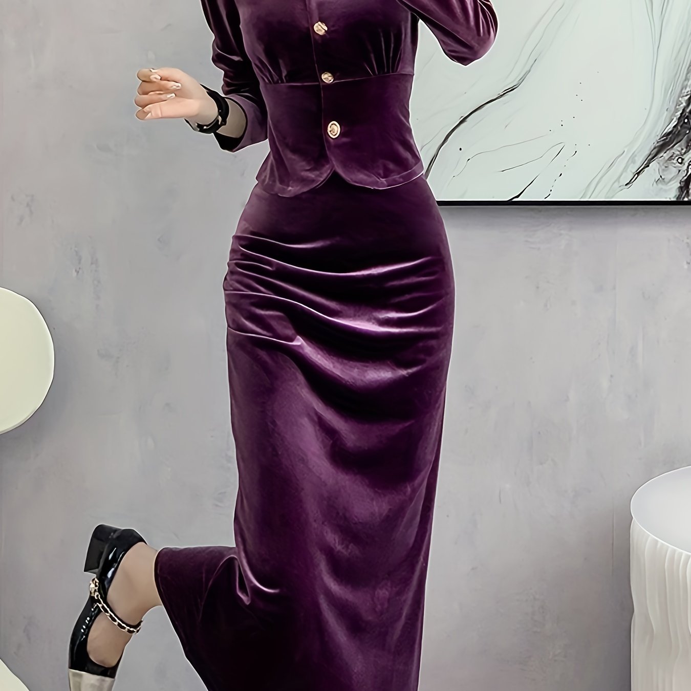 vlovelaw  Solid Bodycon Two-piece Set, Button Front Long Sleeve Tops & High Waist Midi Skirts Outfits, Women's Clothing