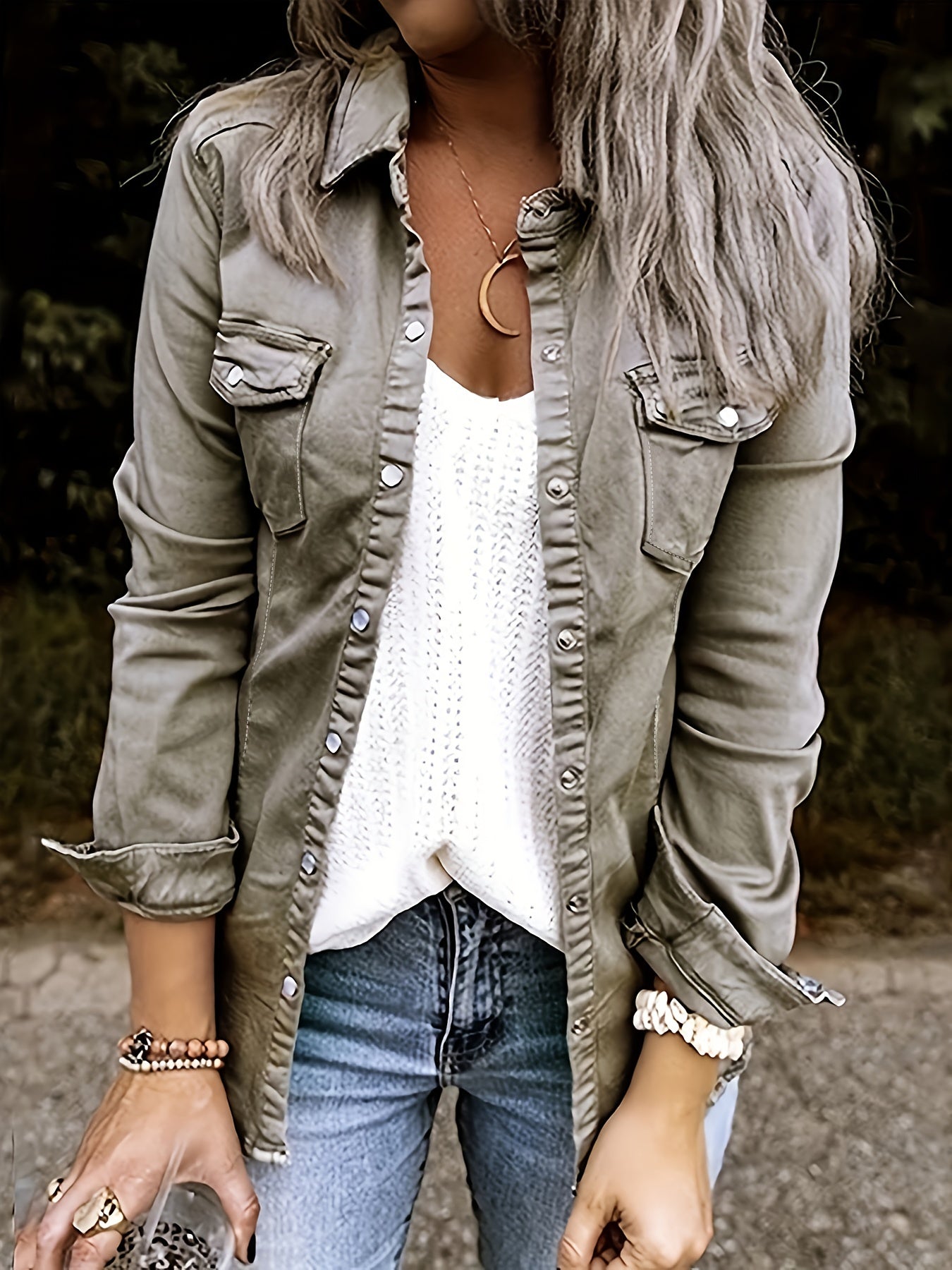 Long Sleeves Denim Shirt, Single-Breasted Button Flap Pockets Non-Stretch Lapel Denim Jackets, Women's Denim Clothing