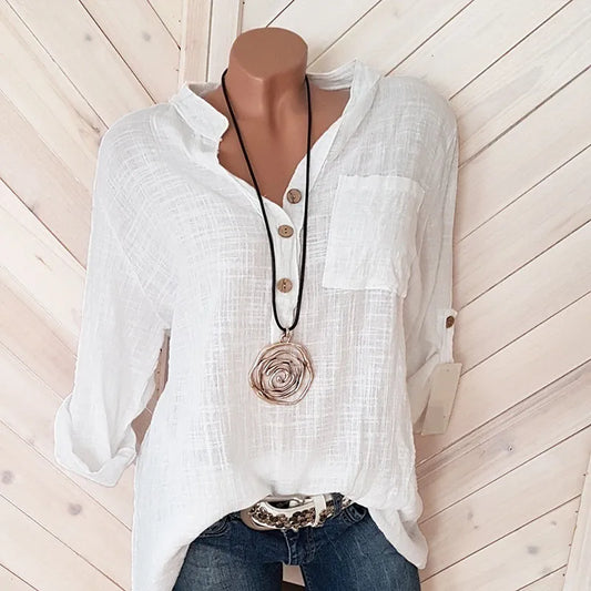 Womens Blouses Shirts Oversized Women Cotton Linen Blouse Autumn Casual Long Sleeve Button V Neck Loose Shirt Lady Tops 230519