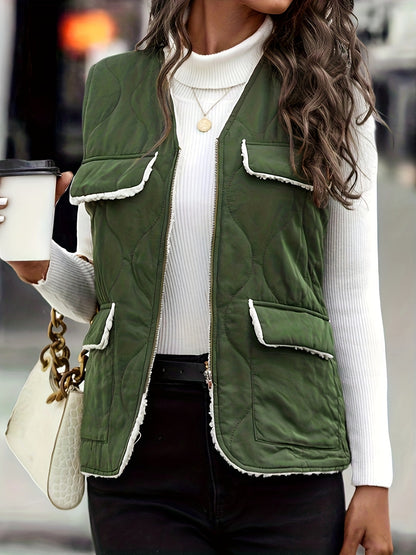vlovelaw  V-neck Fleece Warm Sleeveless Jacket, Warm Zipper Vest For Winter Fall Outdoor Sports, Women's Clothing