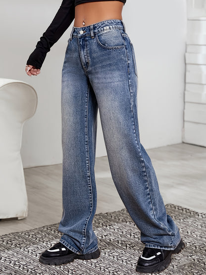vlovelaw Blue Washed Whiskered Straight Jeans, Loose Fit Non-Stretch Slant Pockets Wide Legs Jeans, Women's Denim Jeans & Clothing